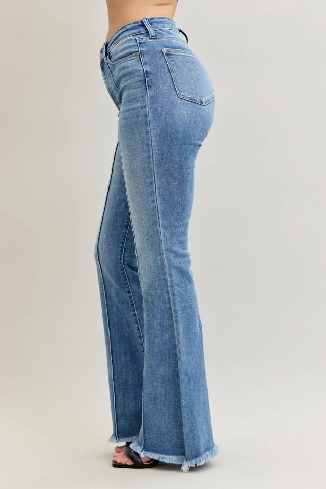 High Waisted Flare Front Pintuck Detail & Fray Hem