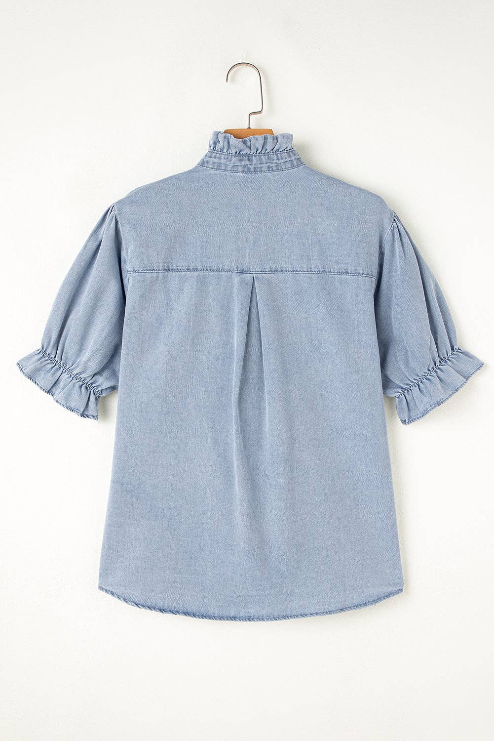 PRETTY BASH Chambray Ruffle Short Puff Sleeve Buttoned Shirt