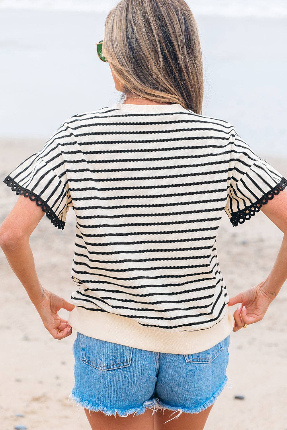 PRETTY BASH Stripe Scallop Lace Trim Ruffle Top