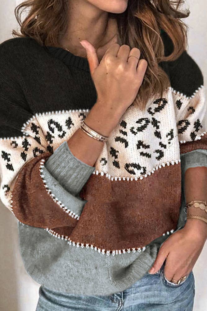 Leopard Print Color Block Long Sleeve Sweater