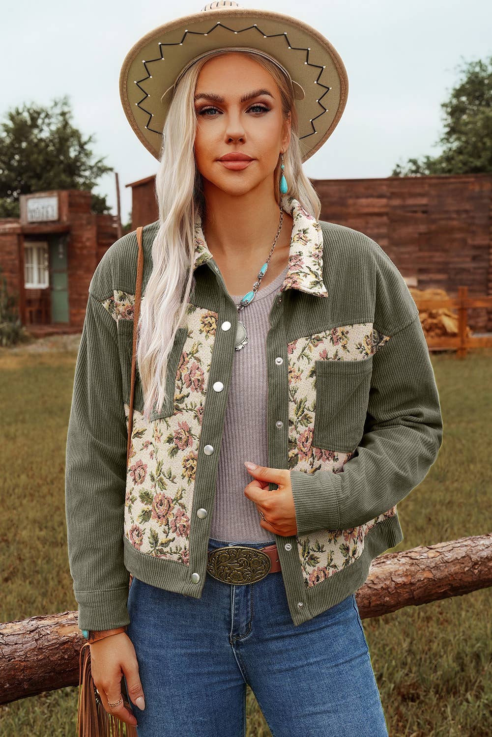 Fashion Rib Retro Floral Patchwork Shirt Style Jacket